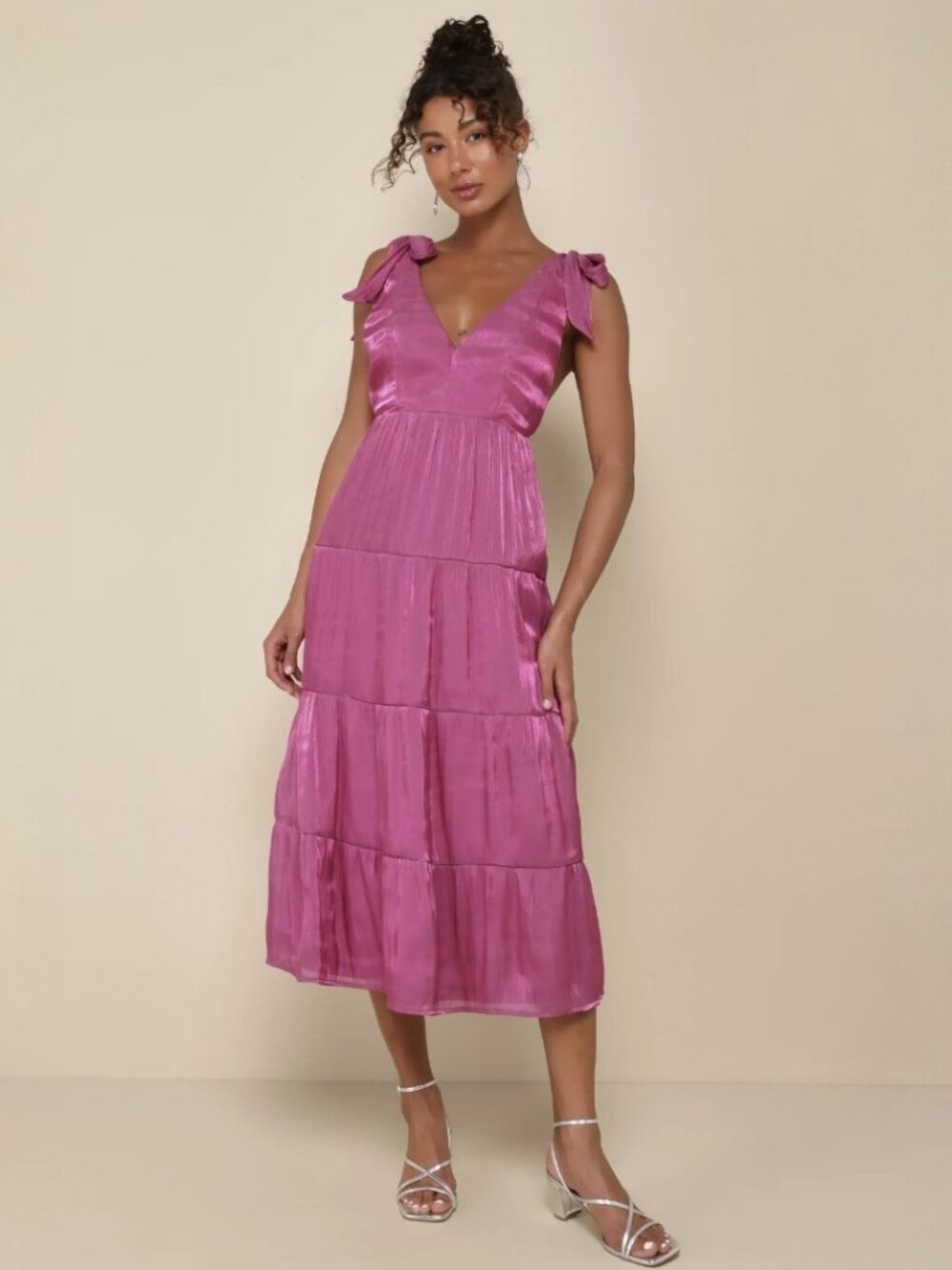 Lulus Exemplary Shine Magenta Organza Tie-Strap Tiered Midi Dress​ NWT